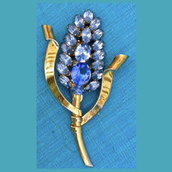 STERLING/GOLD VTG 3.5" BLUE CRYSTAL PIN/ SASH PIN - Picture 6 of 8